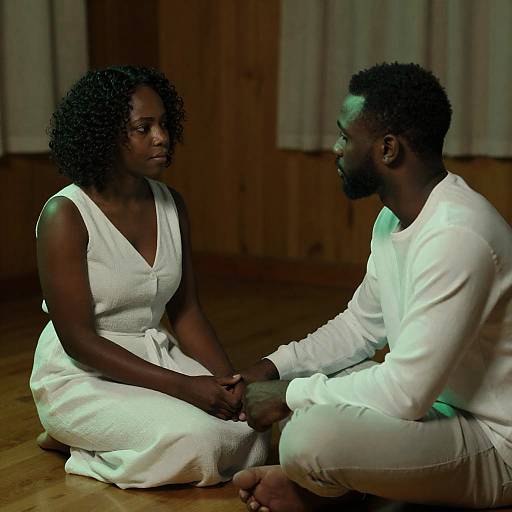Intimate Moment Between Couple Sitting on Wooden Floor