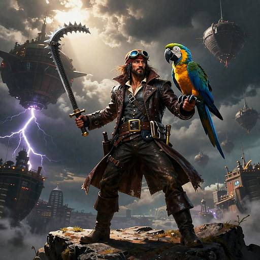 Valiant Sky-Pirate Captain with Mechanical Parrot