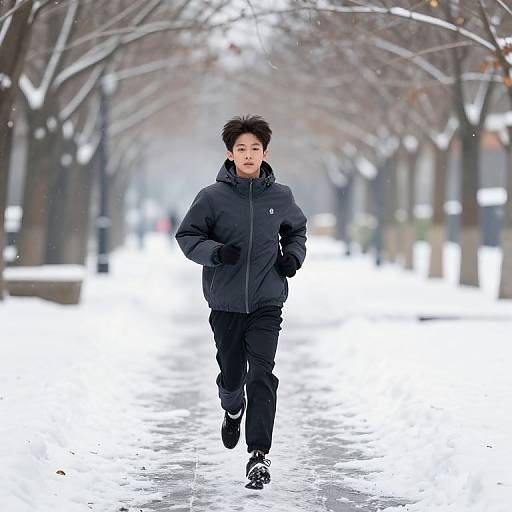 Photograph of an Asian male runner in a black winter jacket and pants, running on a snowy, tree-lined path.