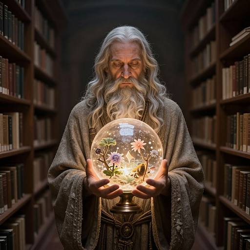 Photograph of an elderly, white-bearded wizard in a brown robe holding a glowing, flower-filled glass globe in a dim library.