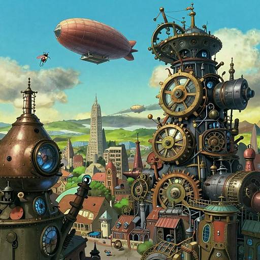 Steampunk cityscape with a giant clock tower, airship, gears, and clock, set against a bright blue sky and green hills. Digital
