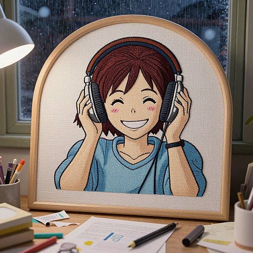 Colorful cross-stitch portrait of a smiling girl with brown hair and headphones, framed in wood, on a cluttered desk.