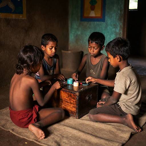Playful Children in a Rustic Room