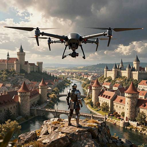 Photograph: Drones-eye view of a soldier in tactical gear standing on a rocky outcrop, overlooking a medieval castle city with rivers and turrets