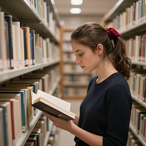 Photograph of a young woman with fair skin and brown hair in a red bow, wearing a black sweater, reading a book in a brightly lit library