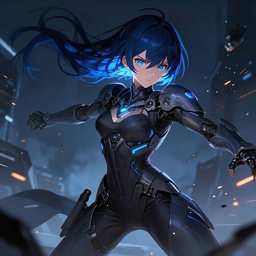 Digital anime-style drawing of a fierce blue-haired woman in a black, glowing, futuristic armor suit, ready for battle in a dark, neon-lit