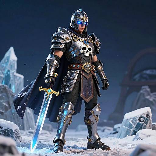 CGI image of a muscular, armored knight with blue visor, glowing sword, skull motifs, black cape, standing in snowy ice landscape.