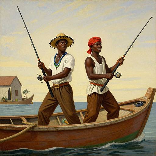Painting of two Black men in a wooden boat, fishing, wearing white shirts, brown pants, and hats, with a red headscarf,