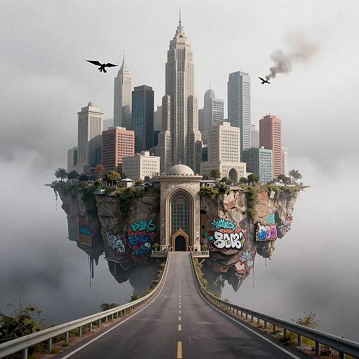 Photograph-like CGI: Floating cityscape with skyscrapers, graffiti-covered rock base, archway entrance, two flying bats, misty background,