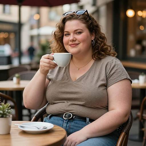 Photograph of a smiling, curvy, fair-skinned woman with wavy brown hair, wearing a gray V-neck top and blue jeans, s