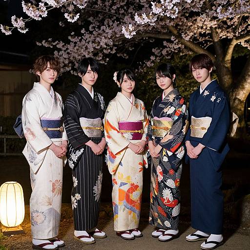 Photograph of four Japanese women in colorful kimonos standing under cherry blossom trees at night, illuminated by a glowing lantern.