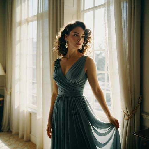 Elegant Woman in Flowing Midi Dress by Window