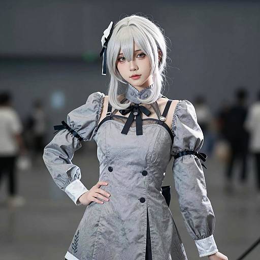 Woman in Detailed Grey Cosplay Costume