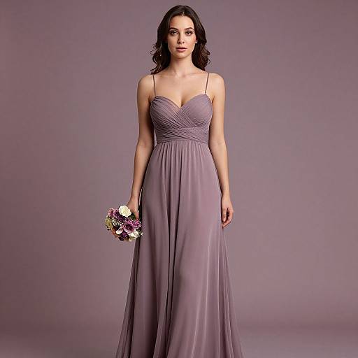 Photograph of a dark-haired woman in a strapless, lavender, floor-length gown, holding a small bouquet of white and purple flowers, standing against