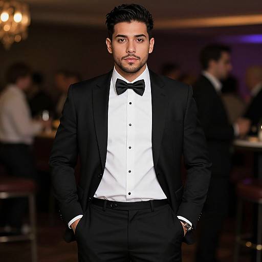 Photograph of a handsome man with dark hair and beard, wearing a black tuxedo, white shirt, black bow tie, standing confidently with hands