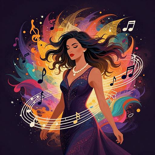 Digital illustration of a beautiful woman with flowing black hair, wearing a sparkly black dress, pearl necklace, and red lipstick, surrounded by vibrant, colorful