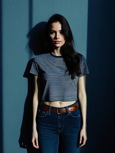 Woman in Striped Crop Top and Denim Jeans