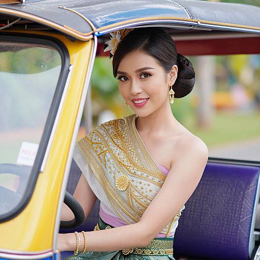 Photograph of an Asian woman with fair skin, black hair in an elegant updo, wearing a gold and white embroidered sari, sitting in a