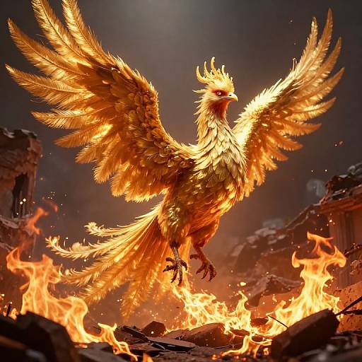 Photograph of a fiery, golden phoenix with wings spread, standing amidst intense flames, red eyes glowing, dark rocky background.