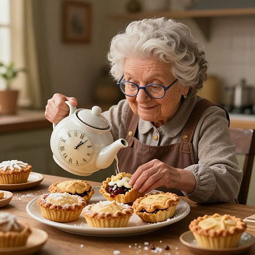 Photograph of an elderly woman with white curly hair and glasses, pouring tea on blueberry muffins at a wooden kitchen table.