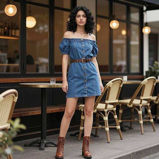Photograph of a curly-haired woman in an off-shoulder blue denim dress, brown belt, and lace-up boots, standing outdoors by a café
