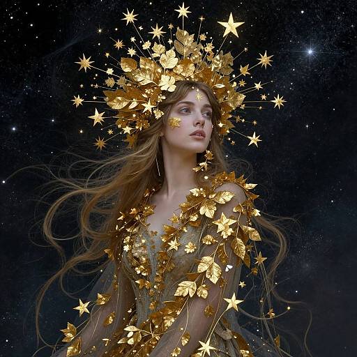 Photograph of a fair-skinned, long-haired woman with a golden star and leaf crown, surrounded by glowing stars against a dark, starry background