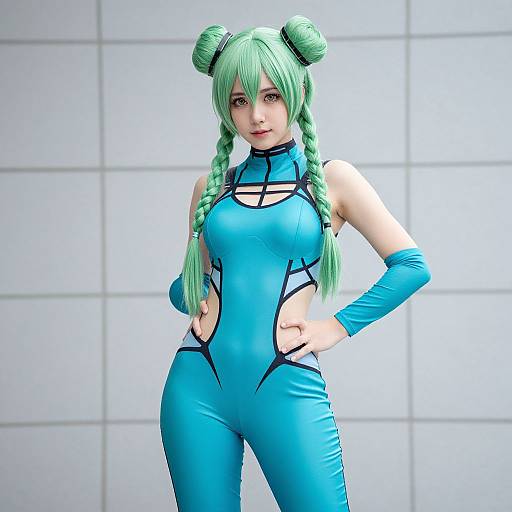 Photograph of a woman cosplaying as a blue-haired anime character in a tight, blue, form-fitting outfit with black accents, standing confidently against