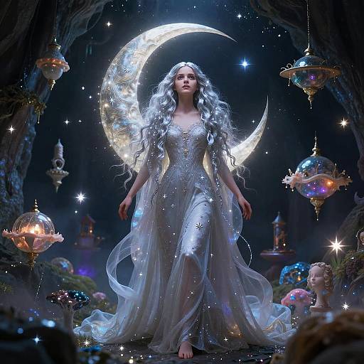 Photograph-style digital fantasy art: ethereal woman with long silver hair, glowing white dress, crescent moon wings, surrounded by sparkling orbs and whims