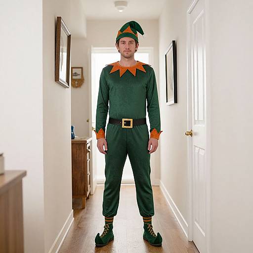 Photograph of a man in an elf costume standing in a brightly lit hallway, wearing green outfit with orange accents, black belt, and pointed shoes.
