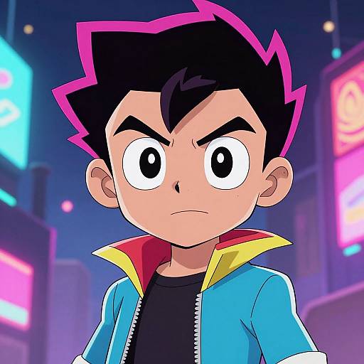 Digital anime-style drawing of a young boy with spiky black hair, pink highlights, large eyes, and a blue jacket with yellow collar, in a