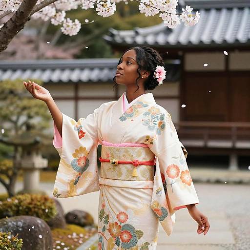 Graceful Black Girl in Kimono Garden