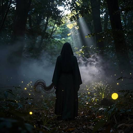 Silhouetted figure in hooded cloak stands in misty forest, surrounded by glowing fireflies and sunlight filtering through trees. Dark, mystical atmosphere