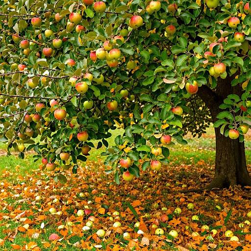 Photograph of a vibrant apple tree with red and green apples, surrounded by a carpet of fallen orange leaves on a sunny autumn day.