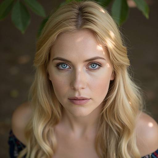 Photograph of a blonde woman with blue eyes, fair skin, and wavy hair, looking directly at the camera with a neutral expression, set against