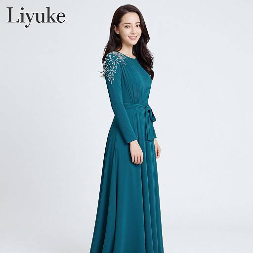 Photograph of a smiling woman with long dark hair wearing a teal, long-sleeve, lace-trimmed dress, standing against a white background