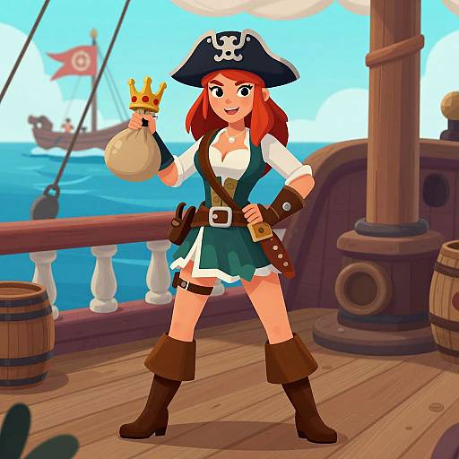 Cartoon pirate woman with red hair, skull hat, green vest, white blouse, brown boots, holding crown, standing on wooden ship deck.
