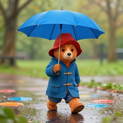 Digital illustration of a cute brown bear wearing a red hat and blue coat, holding a blue umbrella in a rainy park. Raindrops and colorful puddles
