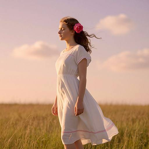 Photograph of a young girl with brown hair and pink flower, wearing a white dress, standing in a sunlit grassy field, smiling at the
