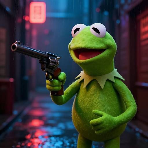 Photorealistic CGI of Kermit the Frog holding a black handgun, standing in a neon-lit, rainy alley with a glowing red sign in the