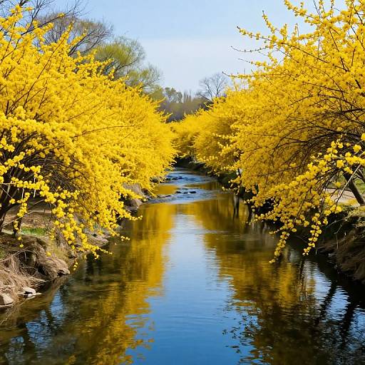 Vibrant Yellow Blossoms by Stream