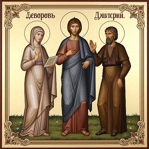 Eastern Orthodox religious illustration of Mary, Jesus, and John the Baptist, wearing traditional robes, standing on grass, with Russian text.