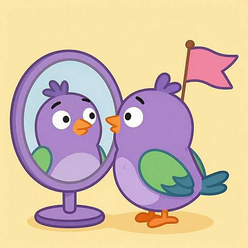 Purple Bird Looking in Mirror with Flag
