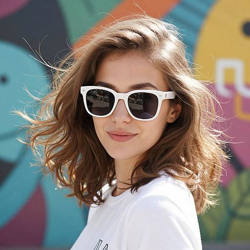 Photograph of a young woman with wavy brown hair, white oversized sunglasses, and white shirt, standing against a colorful, vibrant mural background.
