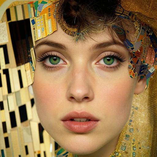 Digital portrait of a fair-skinned, green-eyed woman with curly brown hair, adorned with mosaic patterns, against a golden and black checkered background.