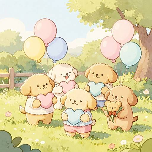 Pastel Puppies in Sunlit Garden