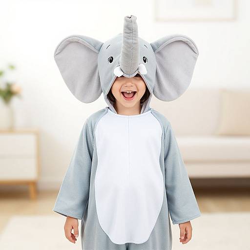 Photograph of a smiling child in a gray elephant costume with large ears and white belly, standing indoors against a blurred white couch.