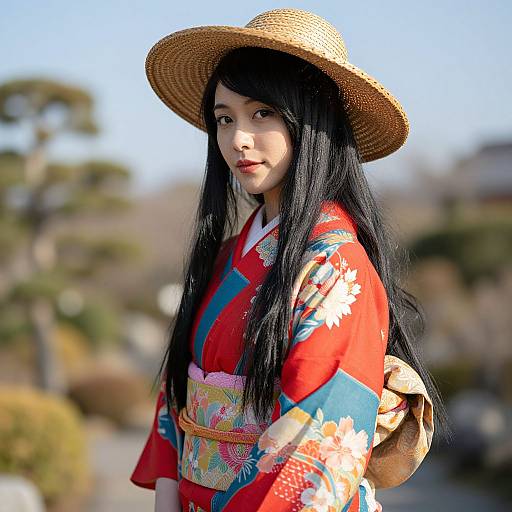 Woman in Traditional Kimono with Straw Hat