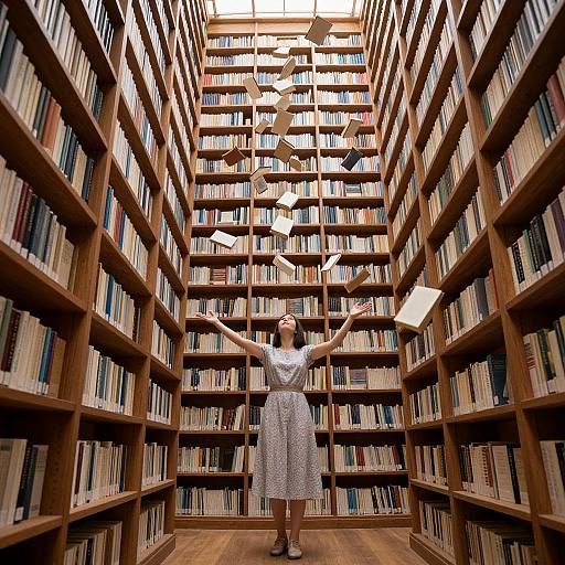 Photograph of a woman in a white dress, arms outstretched, standing in a wooden library aisle with books and floating paper.