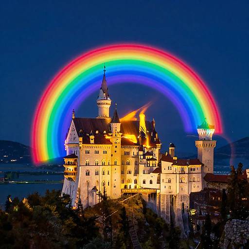 Photograph of a brightly lit, medieval castle with a vivid, multicolored rainbow arching over it against a dark blue night sky.