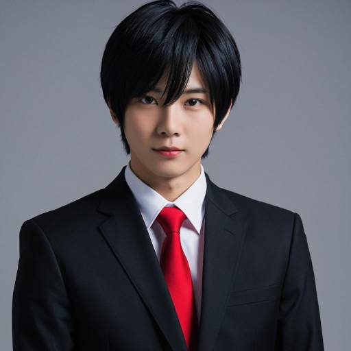 Young man in black suit with red tie